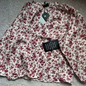 Tuckernuck Cream Blouse with Burgundy Floral Print